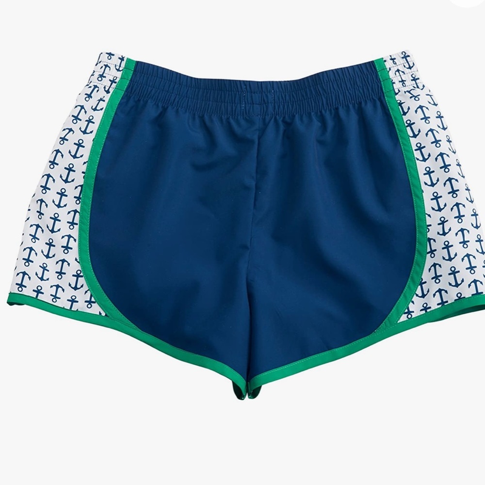 Super Cute Mudpie Harper Track Shorts Blue, Green and White with Anchors…